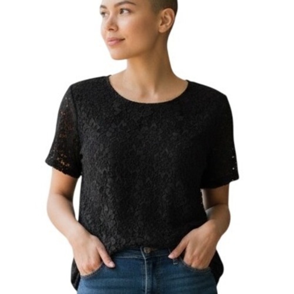 Talbots Women's‎ Black Floral Lace Short Sleeve Lined Top Blouse XL